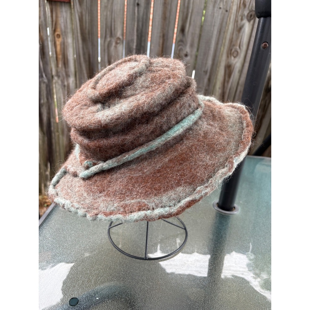 Hand Made Felted Wool Hat Brown Sage Green Wide Brim Artisan Sculptural Boho